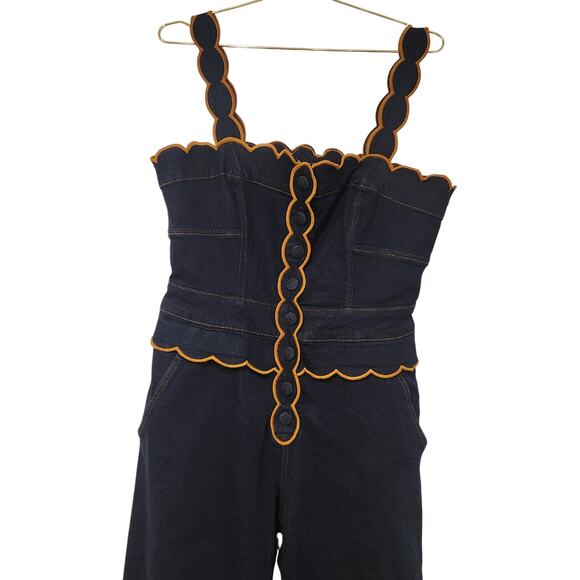 Farm Rio Dark Denim wavy trim jumpsuit size large - Picture 4 of 8